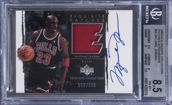 2003-04 UD "Exquisite Collection" Patches Autographs #MJ Michael Jordan Signed Game Used Patch Card (#002/100) – BGS NM-MT+ 8.5/BGS 10